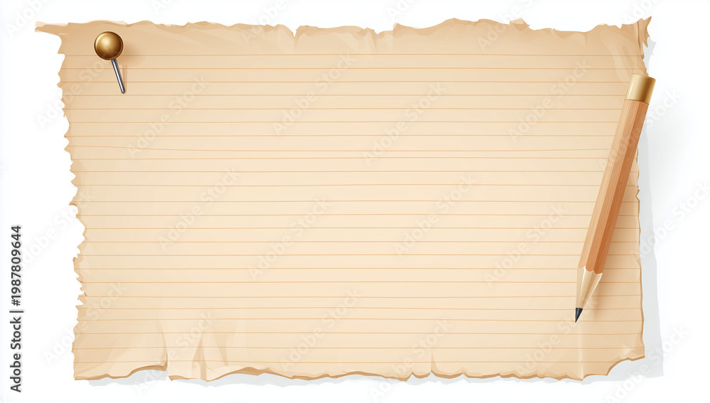 Fototapeta premium a piece of beige-lined paper with a pin at the top, isolated on a white background.