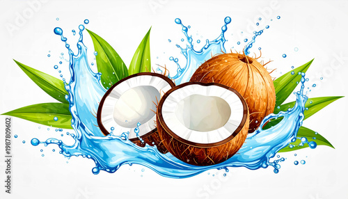 Split coconut illustration with dynamic water splash in watercolor style, isolated on a white background.
