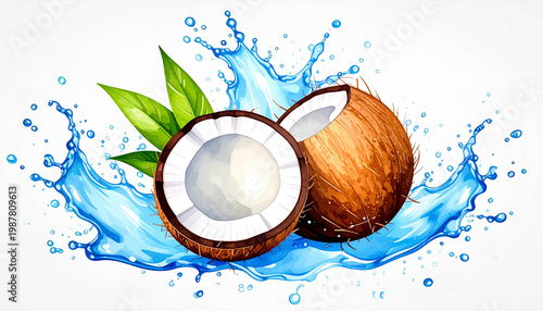 Artistic watercolor of a cracked coconut with splashing water, fresh and tropical, isolated on white.