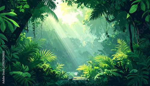 Sunlit jungle pathway leading through vivid foliage. Tropical trail illustration for adventure campaign. Radiant forest route amid immersive green scenery