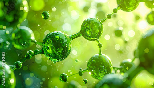 Abstract green molecule illustration with glowing links, showcasing biotech, science, and advanced research themes.
