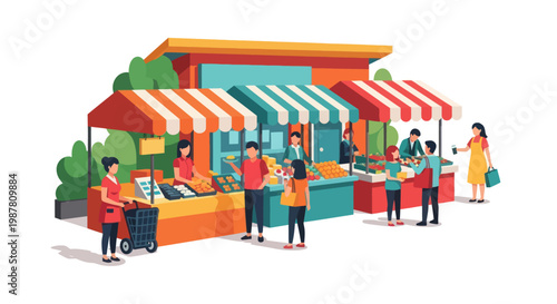 People buying food at market stalls.