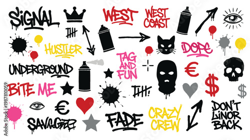 Urban graffiti art elements with spray paint tags lettering skulls masks and symbols.