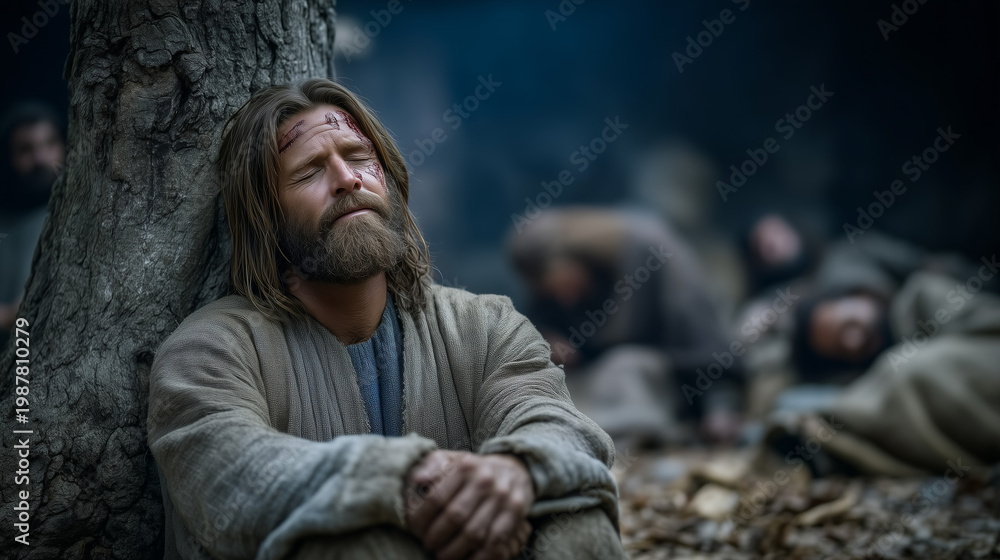Obraz premium A Moment of Solitude: A serene figure, face etched with weariness, finding solace and reflection. The image is a portrayal of quiet contemplation in the midst of adversity.