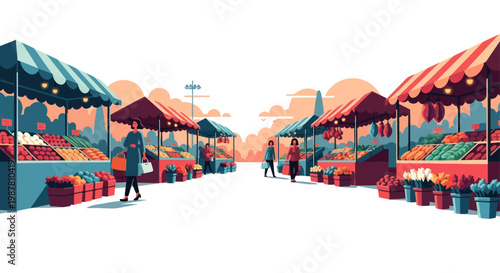 People Walking Through Market Stalls Outdoors.