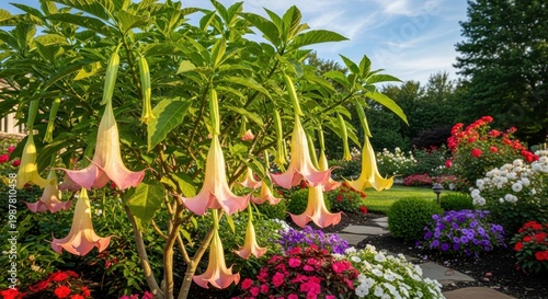 Beautiful Garden Scene with Angels Trumpet Flowers Blooming.