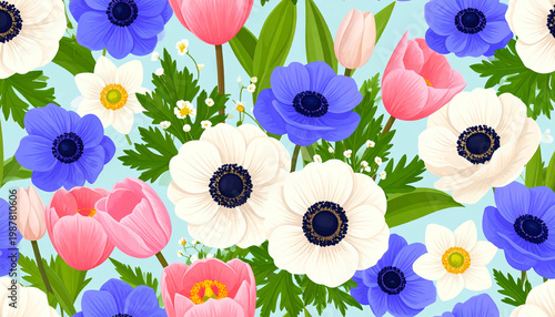 Elegant seamless floral pattern featuring anemones and tulips in a balanced, harmonious composition.
