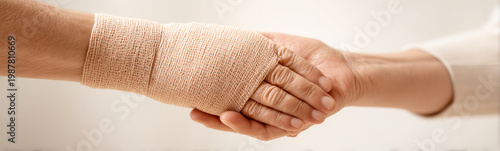 Healing Handshake: An image portraying the compassionate bond between individuals. A bandaged hand is met with a supportive handshake, symbolizing the essence of comfort and mutual aid. 