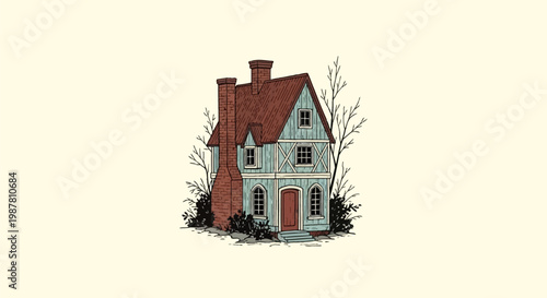Vintage vector illustration of a two-story medieval timber-framed cottage with light blue walls, red shingled roof, large brick chimneys, and arched windows on a neutral background.