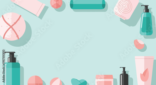 A minimalist vector graphic displaying a collection of skincare and beauty products framing a light blue space in a flat lay style.
