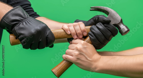 Two people's hands, one gloved and one bare, struggling over a hammer against a green screen background.