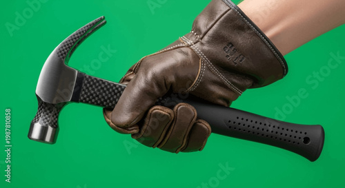 A gloved hand holding a claw hammer against a green background, ready for work or DIY tasks.
