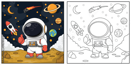 Astronaut in space. Black and white vector illustration for coloring book.