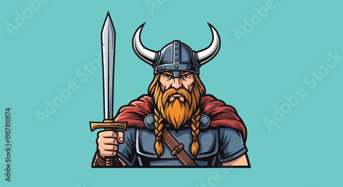 Vector illustration of a Viking warrior with a red beard and braided mustache, wearing a horned helmet and red cape, holding a broadsword upright, isolated on a solid teal background.