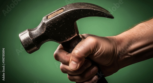 Close-up of a person's hand firmly gripping a metal claw hammer against a green background.