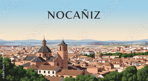 Vector illustration of Alcañiz, Spain, featuring a panoramic cityscape with a prominent cathedral, terracotta rooftops, traditional buildings, and mountains under a clear blue sky.