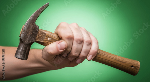 A person's hand firmly grips a claw hammer with a wooden handle against a vibrant green background.