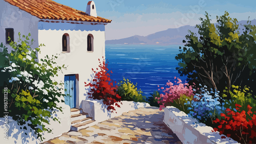 Mediterranean Seaside House with Flowers Coastal Landscape Illustration