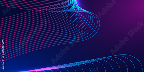 Abstract digital wave background with glowing particle curves on a dark blue background design for smart tech and business.