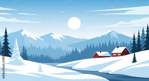 Vector illustration of a winter landscape featuring snow-covered mountain peaks, a dense evergreen pine forest, and two red wooden cabins by a winding blue river under a bright white sun.