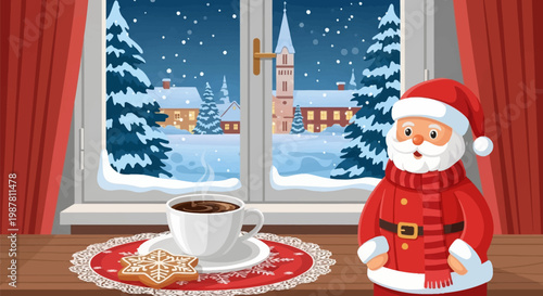 Vector illustration of a cozy winter morning scene featuring a cup of coffee, snowflake gingerbread cookie, and Santa Claus figurine on a wooden windowsill overlooking a snowy village.