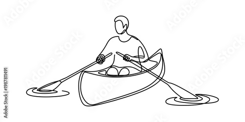 A single continuous line drawing of a person paddling a small canoe on a calm water surface area Vector, illustration