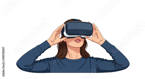 Vector illustration of a young woman with brown hair wearing a blue shirt and using a virtual reality headset, holding the goggles with both hands, isolated on white background.