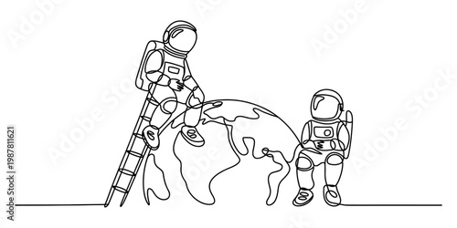 A single line drawing illustration of two astronauts sitting on top of the planet earth together Vector, illustration