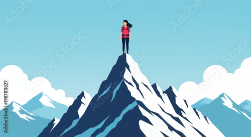 Minimalist vector illustration of a woman hiker in a red shirt standing on the summit of a sharp snow-covered mountain peak against a clear blue sky with stylized clouds.