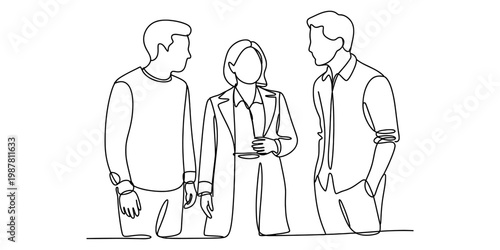 A single continuous line drawing capturing a diverse group of three professionals talking together Vector, illustration