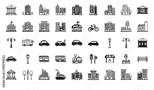 City icons set with buildings transport streetlights courthouse and ship vector isolated on white background