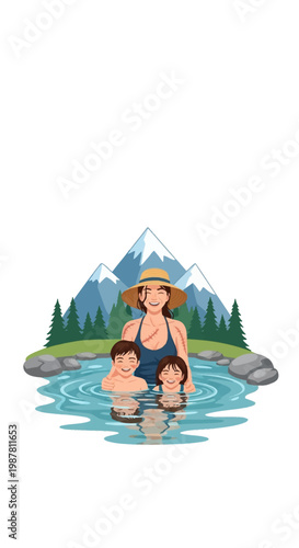 Vector illustration of a smiling mother with burn scars on her arms and chest wearing a sun hat while swimming in a natural mountain lake with two happy children on a white background.