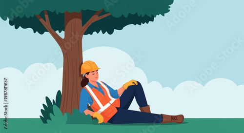 Female construction worker wearing a yellow hard hat and orange safety vest resting under a tree during a work break. Vector illustration of a worker taking a nap on grass.