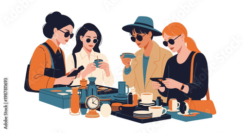 Flat vector illustration of four stylish women with sunglasses browsing a flea market table filled with vintage objects, ceramics, a clock, and tableware on white background.