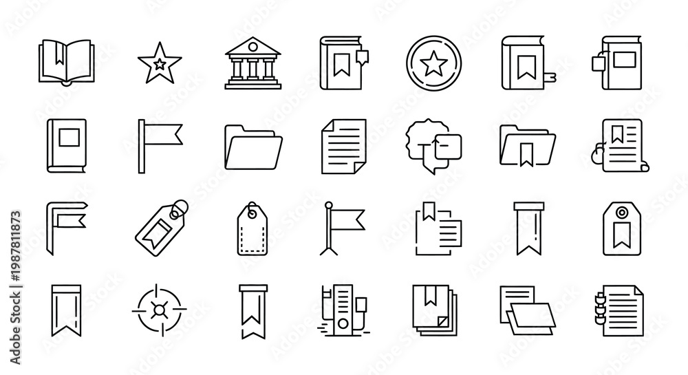 Fototapeta premium Simple black and white line icons representing education and documents