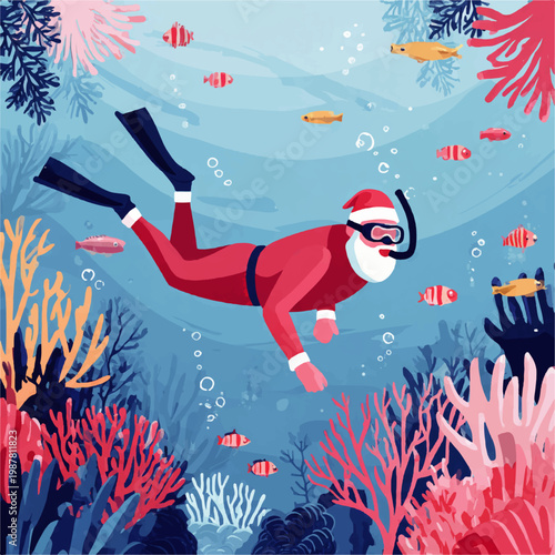 Santa Claus scuba diving underwater on a tropical beach vacation enjoying the coral reef marine life and colorful fish
