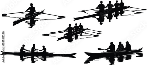 Rowing team silhouettes with reflections showing single, double, and group boat paddling on calm water vector illustration art