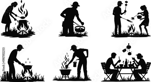 Outdoor cooking silhouettes showing campfire meals, barbecue grilling, picnic dining, social gatherings, and rustic culinary lifestyle vector illustration art