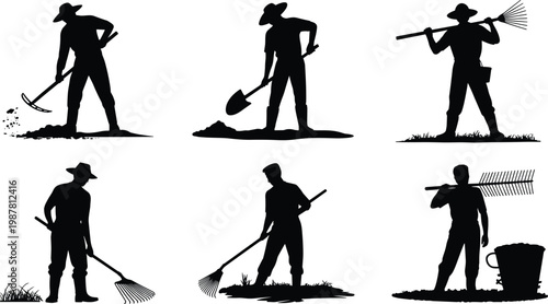 Silhouette vector illustration of gardening and farming workers using rake, hoe, and shovel tools in outdoor rural agricultural activities