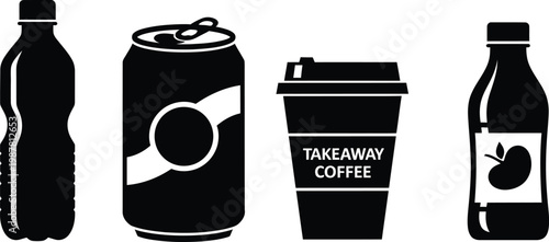 Black and white of beverage containers drink bottle coffee cup