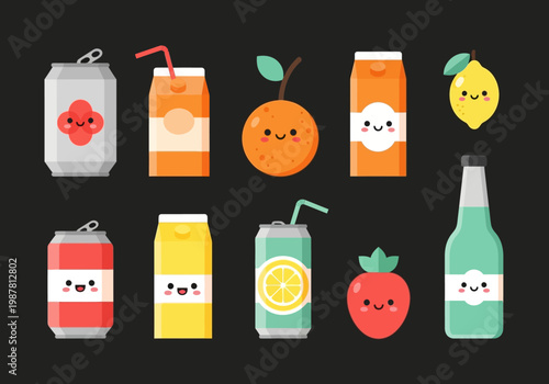 Kawaii Cute Beverage and Fruit Character Collection - Vector Illustration of Soda Cans, Juice Boxes, Orange, Lemon, Strawberry, and Bottle