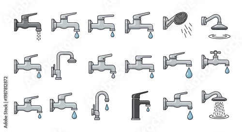 Collection of Various Taps and Showers, Water Faucets and Dripping Water Icons
