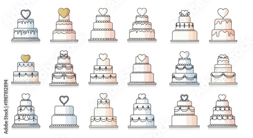 Wedding Cakes Collection: Elegant Tiered Desserts with Heart Toppers
