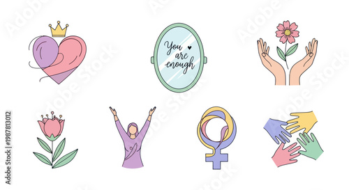 Feminine Empowerment Symbols: Heart, Mirror, Flower, Hands, Woman, Venus Symbol