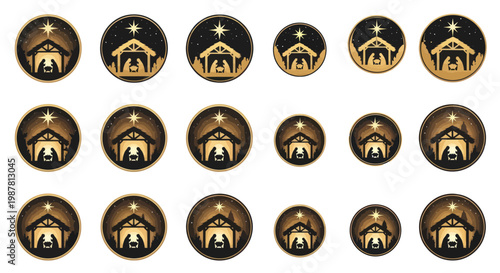 Nativity Scene Round Icons - Starry Night Silhouette - Christmas Holiday Celebration