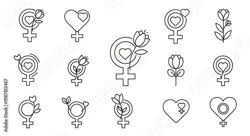 Feminine Symbols Set: Venus Icons with Flowers and Hearts, Line Art
