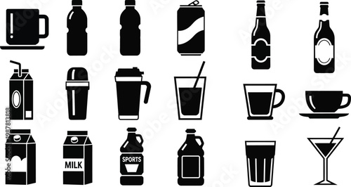 Black and white of various beverage containers and glasses drink bottle 1