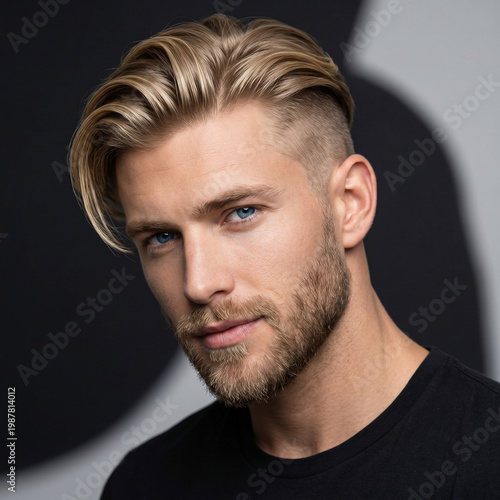 Blond man with blue eyes and a stylish haircut