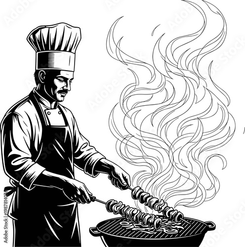 Professional Male Chef in Toque and Apron Grilling Shish Kebab Meat Skewers on Barbecue Grill with Fire Flames Vector Illustration