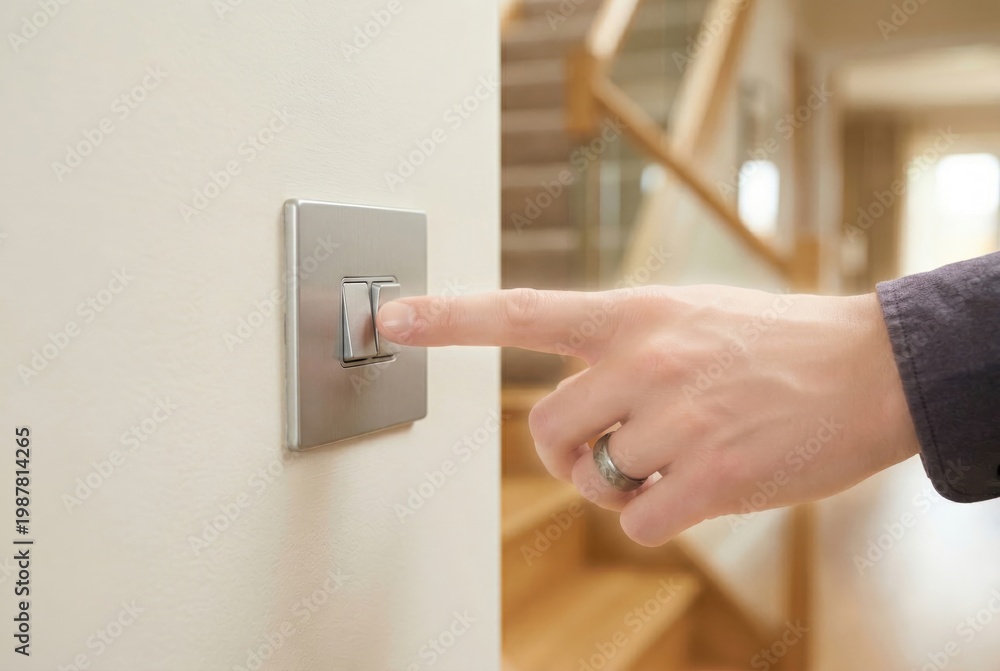 Naklejka premium Man hand gently pressing a modern silver light switch in home